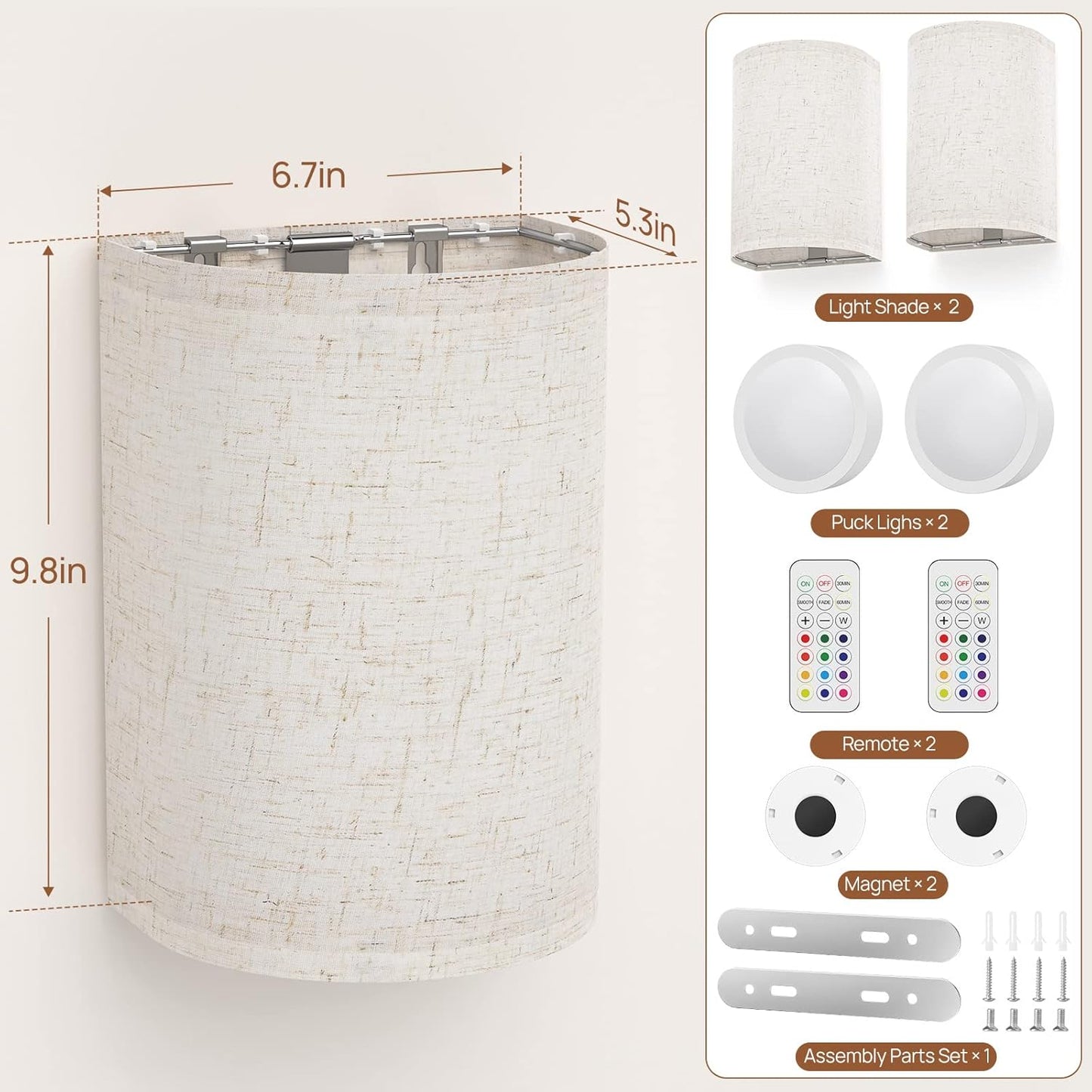 Battery Operated Wall Lights, 2 Pack Boho Decor with Remote Control, RGB Color Rustic Wall Sconces, Fabric Linen Shade Lighting - Image 9
