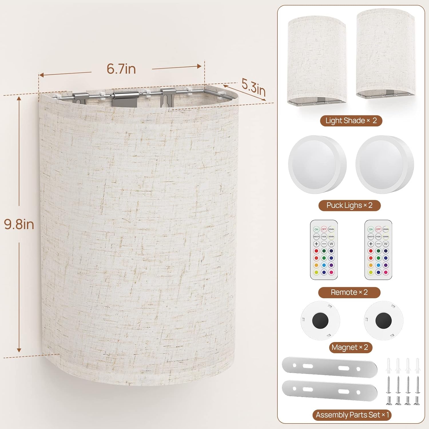 Battery Operated Wall Lights, 2 Pack Boho Decor with Remote Control, RGB Color Rustic Wall Sconces, Fabric Linen Shade Lighting - Image 9