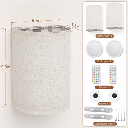 Battery Operated Wall Lights, 2 Pack Boho Decor with Remote Control, RGB Color Rustic Wall Sconces, Fabric Linen Shade Lighting - Image 9