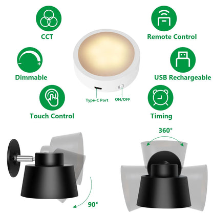 AIBOO Art Display Light, Picture Light Rechargeable Black, Color Changing & Dimmable with Remote LED Rotatable Wall Light for Pictures, Paintings, Portraits, Artworks - Image 4