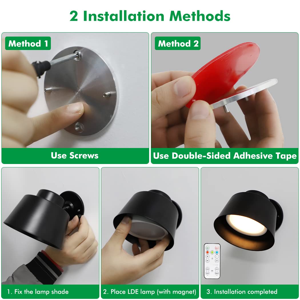 Night Light Wireless Wall Light Indoor LED 2 Pack,Battery Operated Wall Lights Rechargeable Lamp with Remote,Touch Lamp Dimmable Wall Sconces Bedside Lamp for Bedroom Livingroom (Black, 2Pack) [Energy Class E] - Image 4