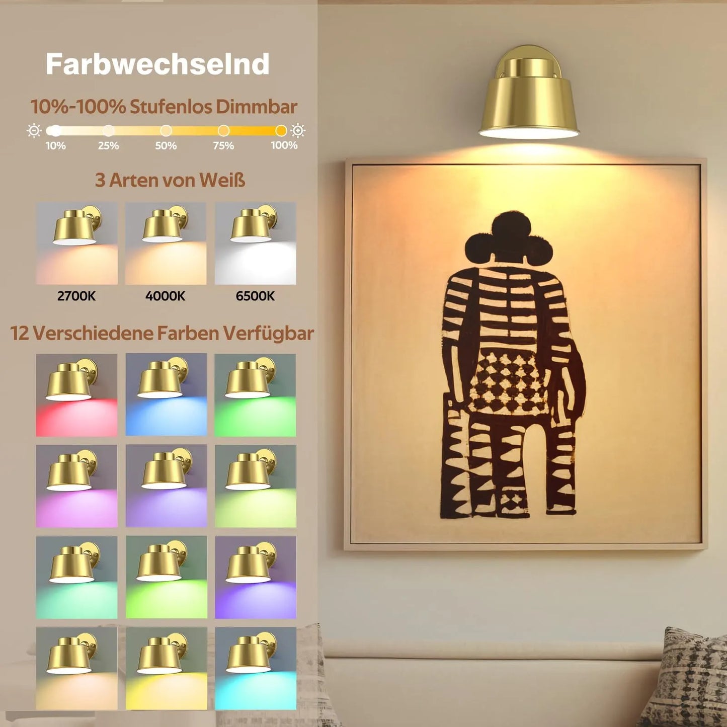 AIBOO Night Light Wireless Wall Light Indoor LED,Battery Operated Wall Lights Rechargeable Lamp with Remote,Touch Lamp Dimmable Wall Sconces Bedside Lamp for Bedroom Livingroom (Gold, 1Pack) [Energy Class E] - Image 2