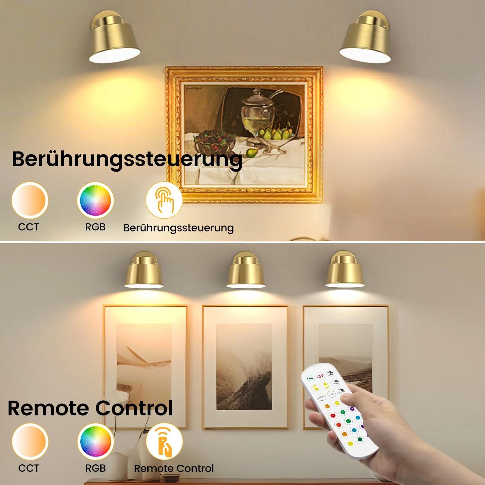 AIBOO Night Light Wireless Wall Light Indoor LED,Battery Operated Wall Lights Rechargeable Lamp with Remote,Touch Lamp Dimmable Wall Sconces Bedside Lamp for Bedroom Livingroom (Gold, 1Pack) [Energy Class E] - Image 3