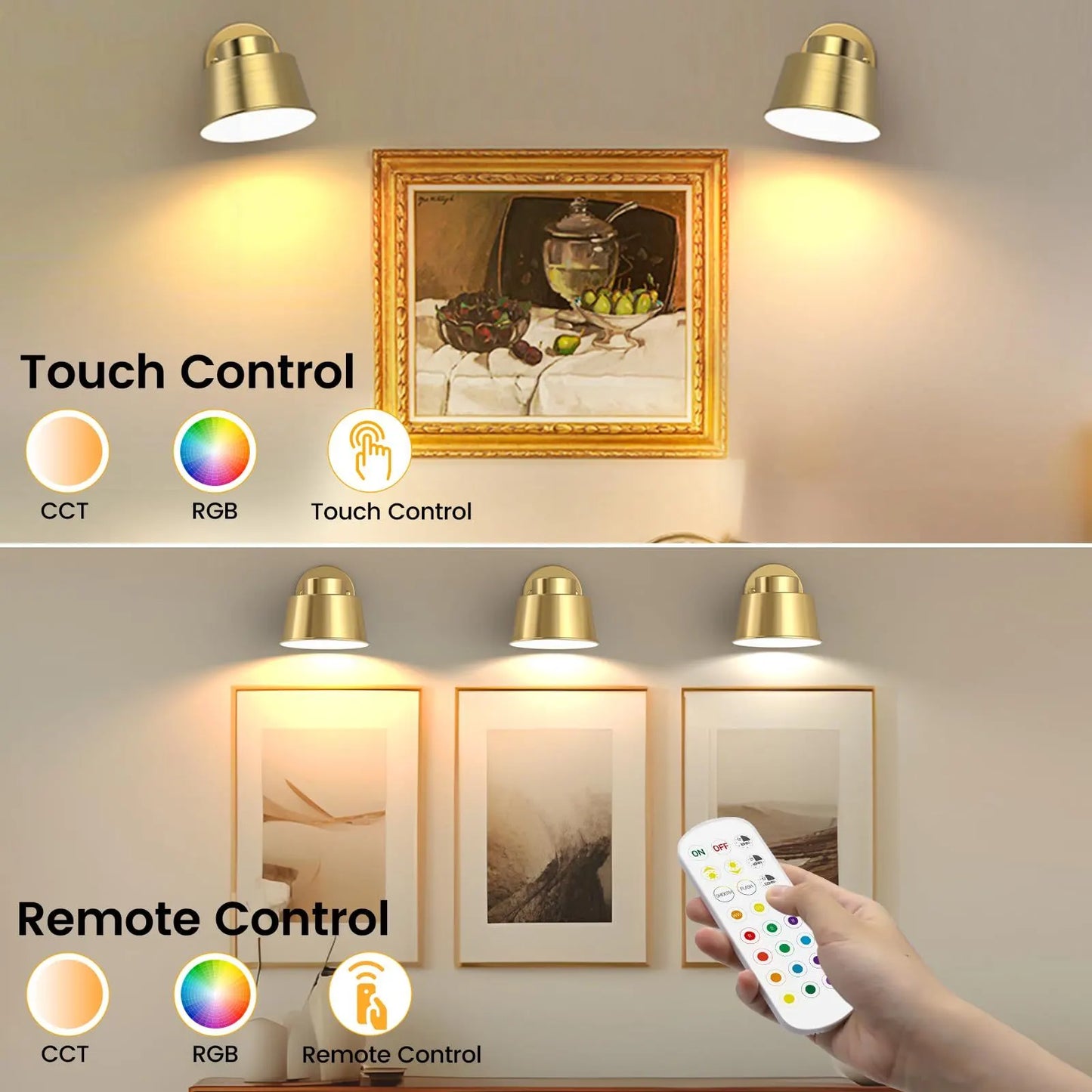 AIBOO Night Light Wireless Wall Light Indoor LED 2 Pack,Battery Operated Wall Lights Rechargeable Lamp with Remote,Touch Lamp Dimmable Wall Sconces Bedside Lamp for Bedroom Livingroom (Gold, 2Pack) [Energy Class E] - Image 4