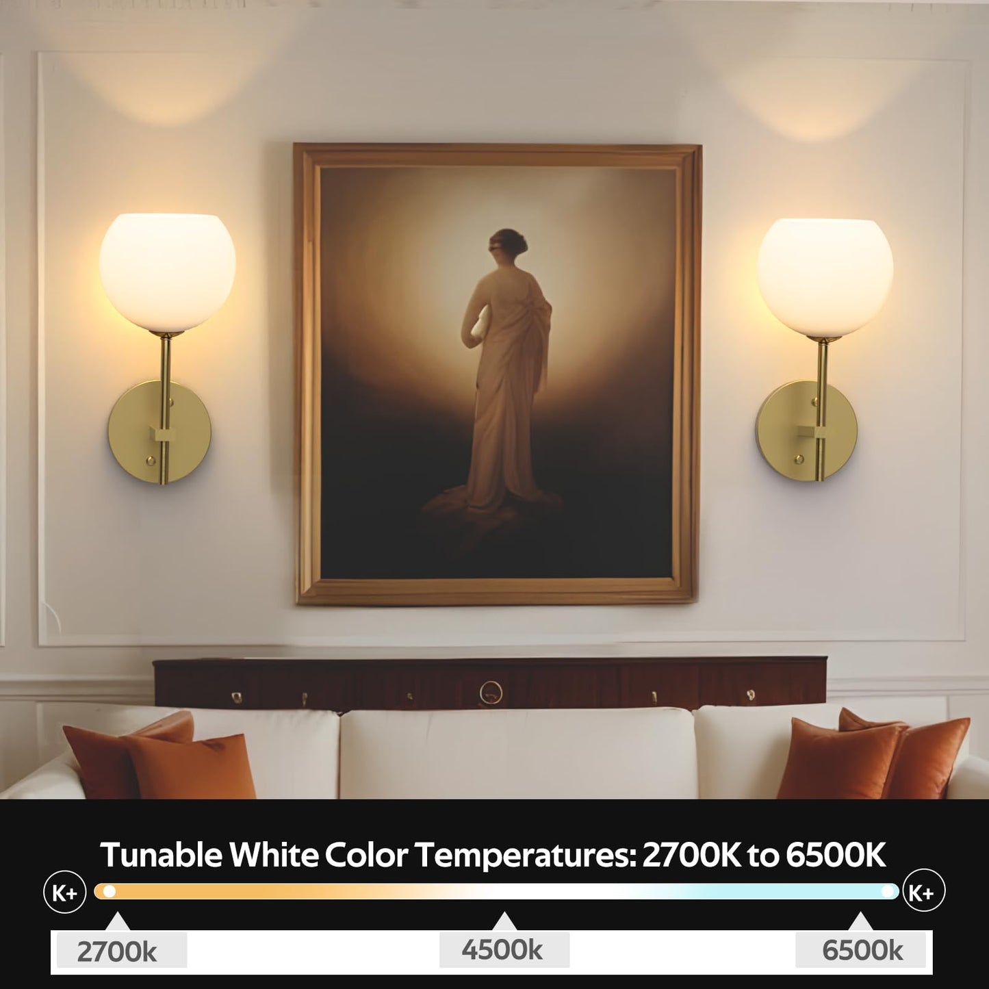 Rechargeable Wall Light Indoor,Battery Operated Wall Lamp with Remote,Indoor Wall Light with 3 Color Modes and RGB,Frosted Glass Wall Mounted Lamp for Living Room Bedrooms 2 Pack (Gold) - Image 3