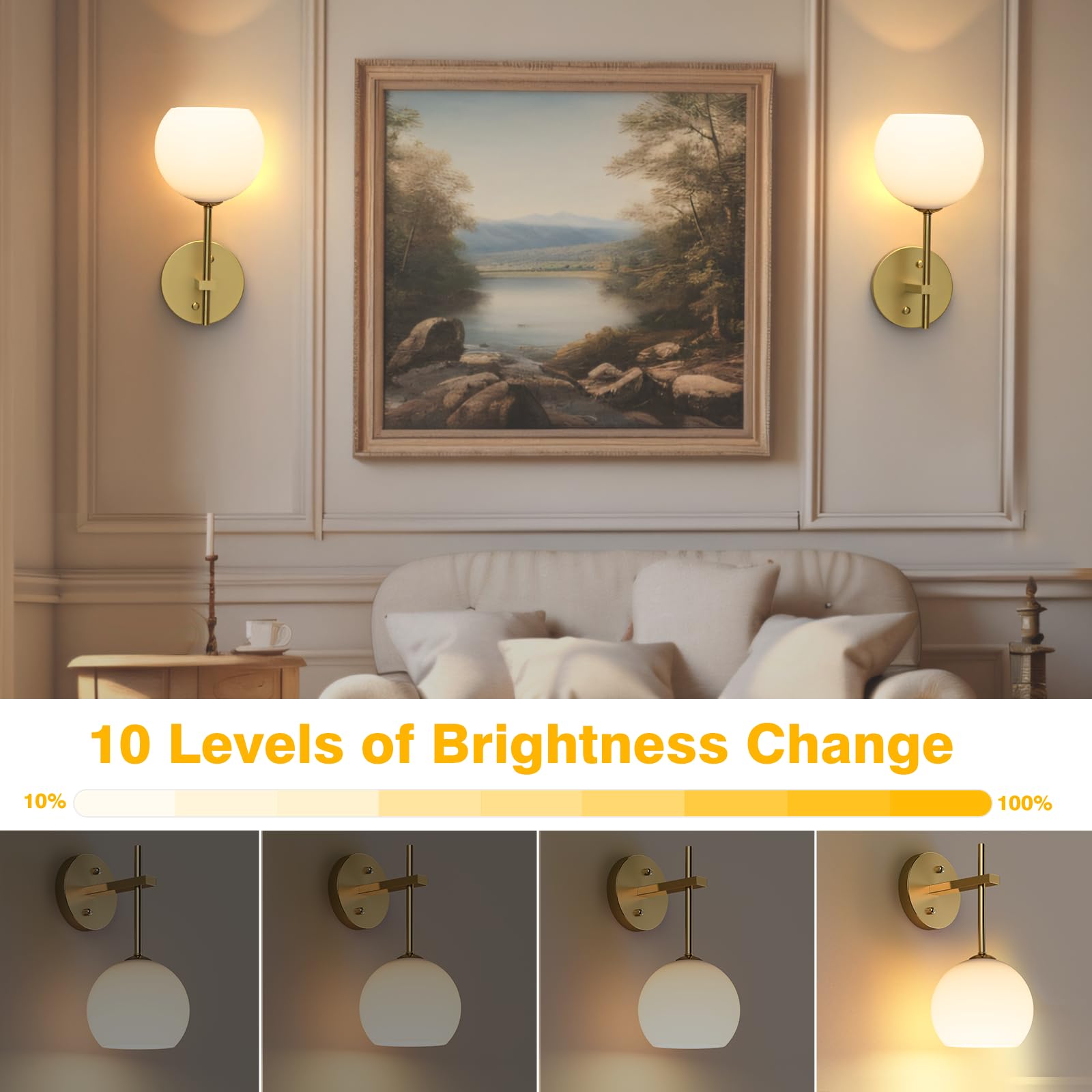 Rechargeable Wall Light Indoor,Battery Operated Wall Lamp with Remote,Indoor Wall Light with 3 Color Modes and RGB,Frosted Glass Wall Mounted Lamp for Living Room Bedrooms 2 Pack (Gold) - Image 5