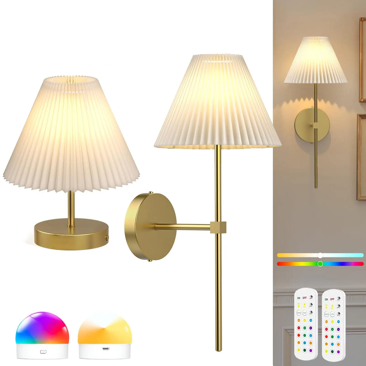 Battery Operated Wall Sconces Set of 2,Gold Rechargeable Wall Lights with Remote,3000mAh Dimmable 3 Timer Magnetic Bulbs,Indoor Wireless Lamps for Bedroom Living Room Hallway Bathroom
