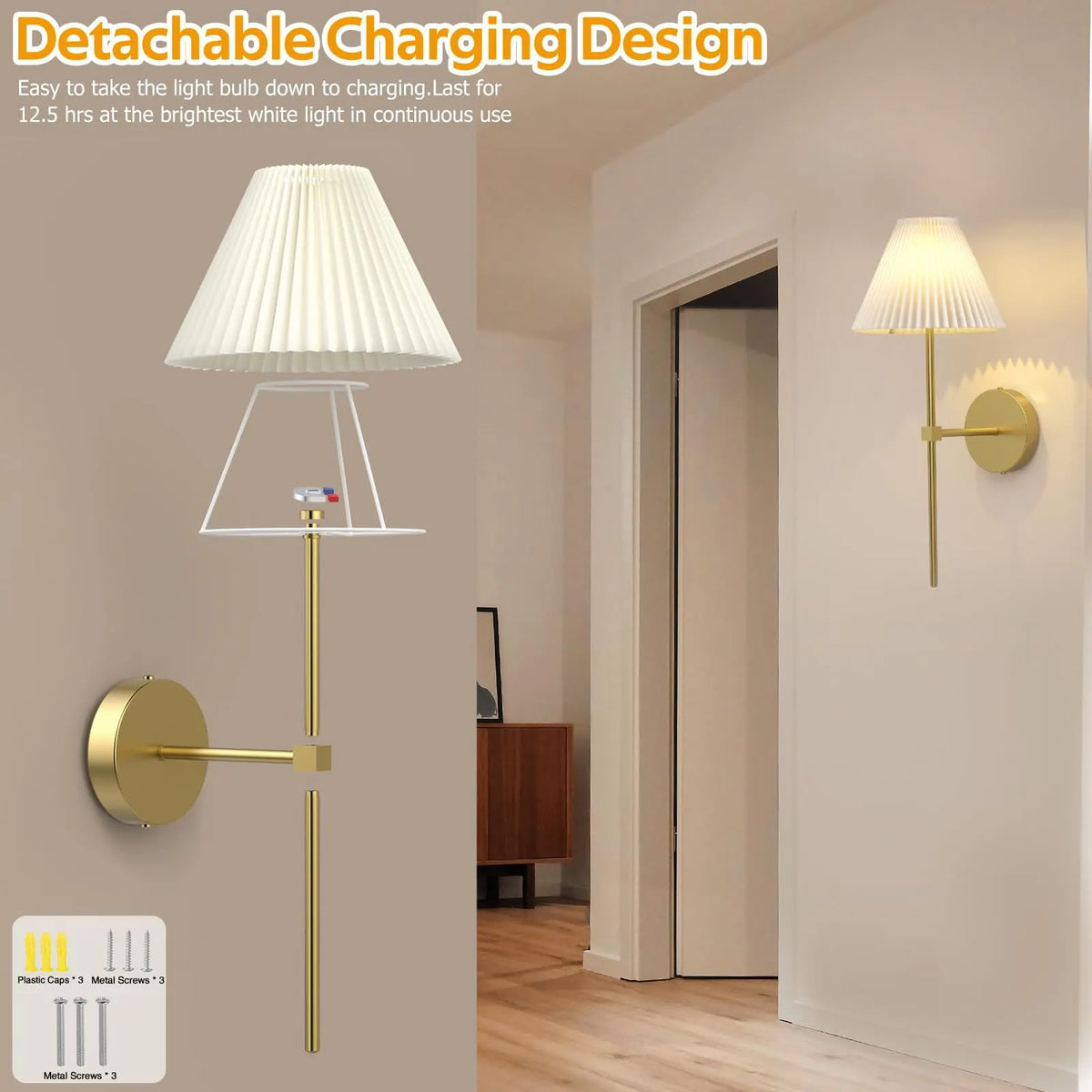 Battery Operated Wall Sconces Set of 2,Gold Rechargeable Wall Lights with Remote,3000mAh Dimmable 3 Timer Magnetic Bulbs,Indoor Wireless Lamps for Bedroom Living Room Hallway Bathroom - Image 2