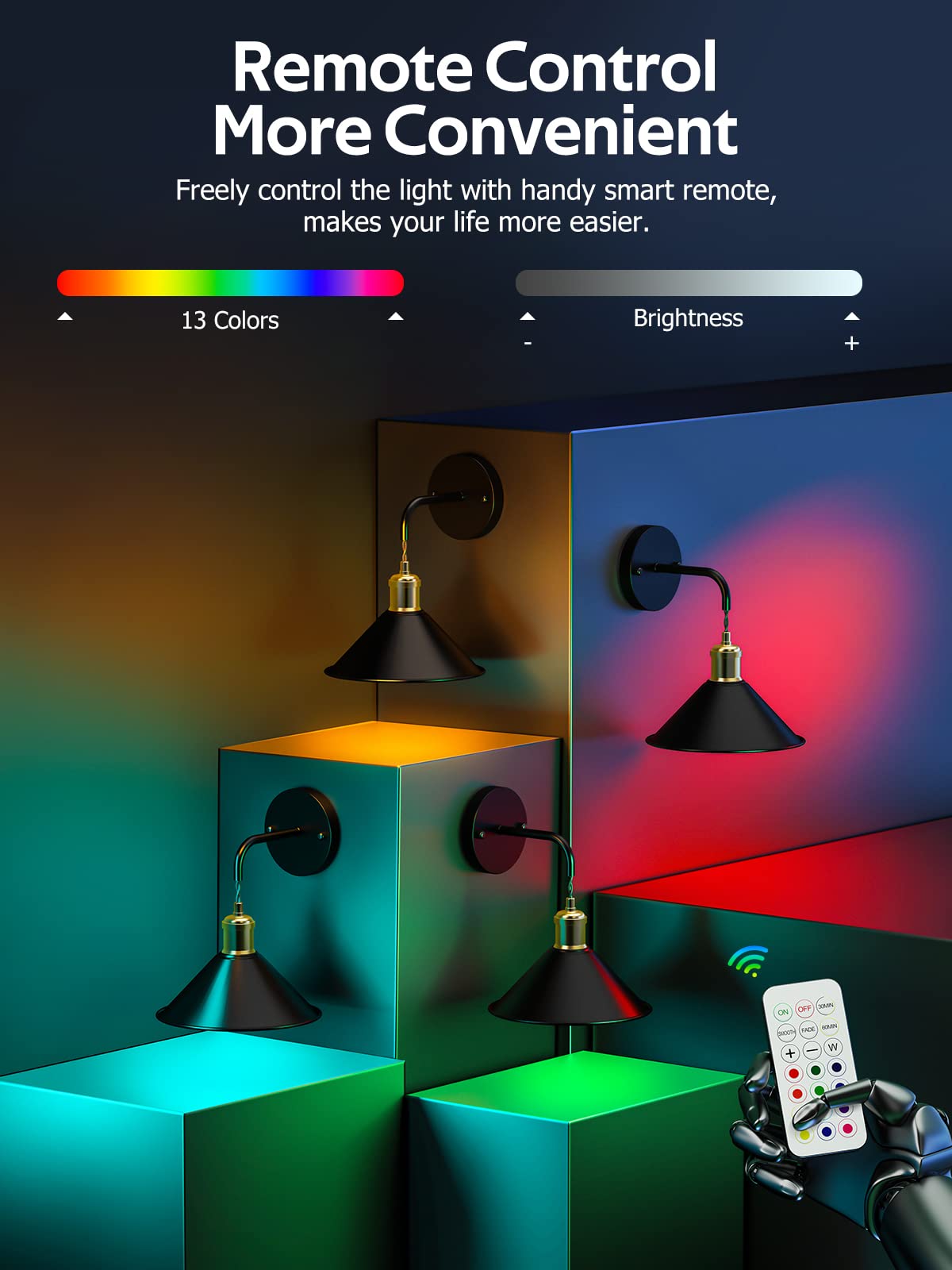 Battery Operated Wall Sconce, Wireless Wall Lights Set of 2, 13 RGB Colors Dimmable Battery Powered Wall Lamp with Remote Memory Function Auto Timer for Bedroom Living Room Hallway - Image 4