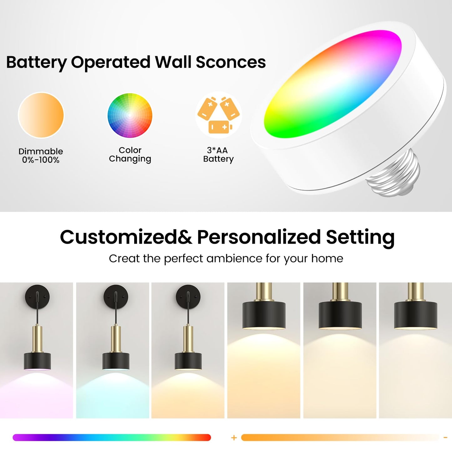 Battery Operated Wall Sconce Set of 2, Dimmable RGB Wall Sconce with Remote Indoor Battery Powered Wall Lamp Light for Bedroom Living Room - Image 2