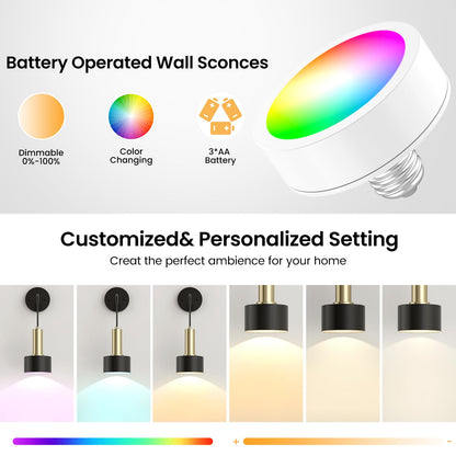 Battery Operated Wall Sconce Set of 2, Dimmable RGB Wall Sconce with Remote Indoor Battery Powered Wall Lamp Light for Bedroom Living Room - Image 2