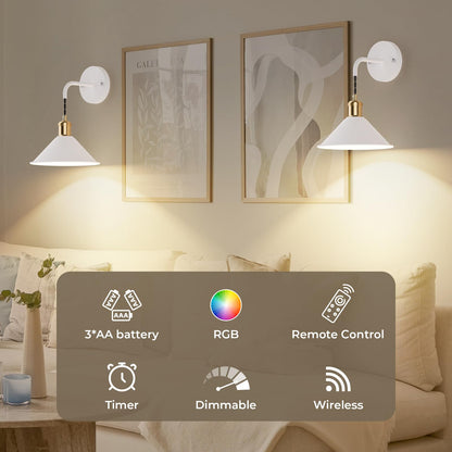 Battery Operated Wall Sconce, Wireless Wall Lights Set of 2, 13 RGB Colors Dimmable Battery Powered Wall Lamp with Remote, Memory Function, Timer for Bedroom, Living Room - Image 2