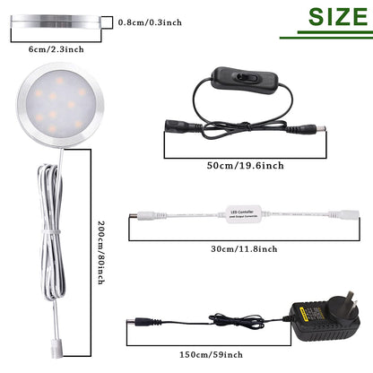 Dimmable LED Under Cabinet Lighting, Counter Showcase Kitchen Lighting Fixtures with 12V Plug in Adapter and Dimmable Wireless Remote Control, 6 Ultra Slim Puck Lights Kit - Image 2