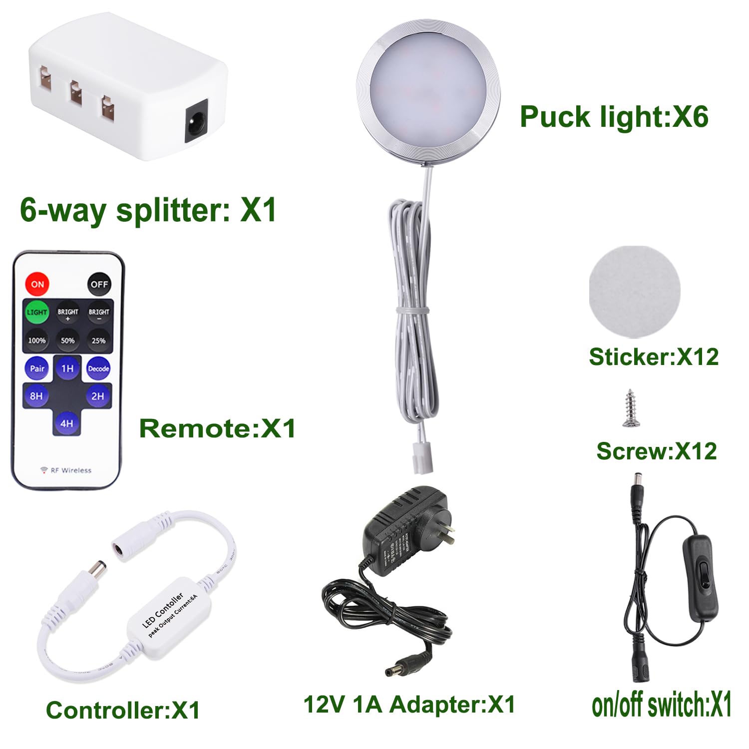 Dimmable LED Under Cabinet Lighting, Counter Showcase Kitchen Lighting Fixtures with 12V Plug in Adapter and Dimmable Wireless Remote Control, 6 Ultra Slim Puck Lights Kit - Image 6