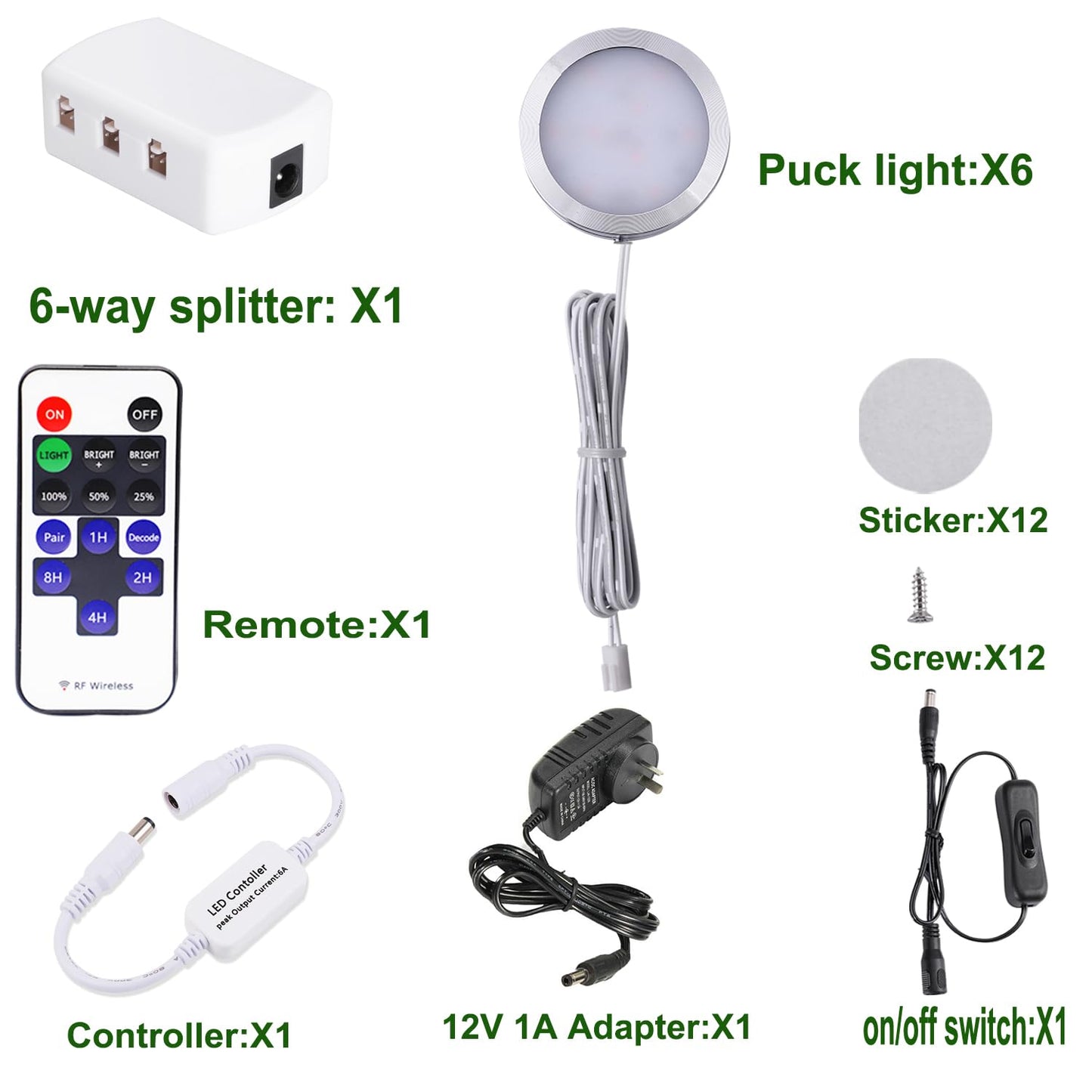 Dimmable LED Under Cabinet Lighting, Counter Showcase Kitchen Lighting Fixtures with 12V Plug in Adapter and Dimmable Wireless Remote Control, 6 Ultra Slim Puck Lights Kit (Daylight White) - Image 2