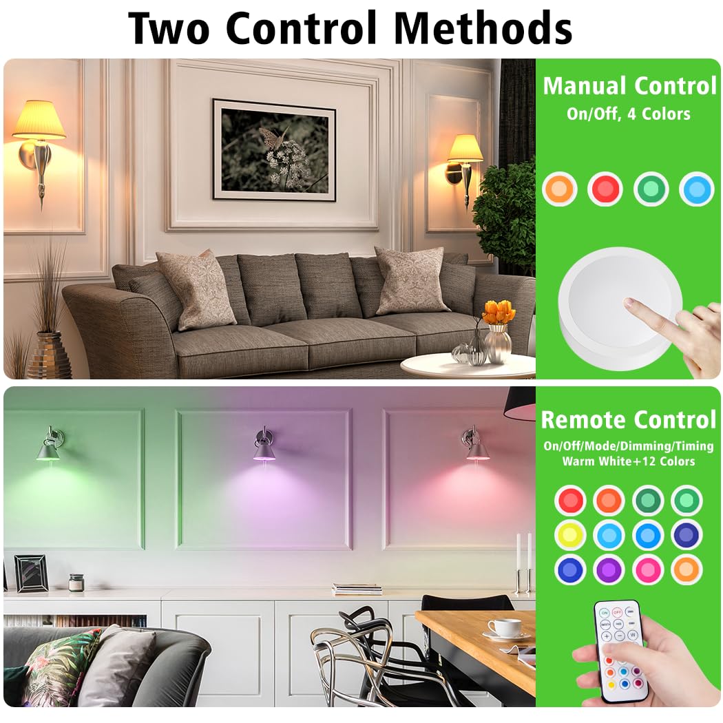 LED Puck Lights with Remote Battery Powered RGB Puck Light for E27 Chandelier,Dimmable Puck Light for Table Lamp Cupboard - Image 2