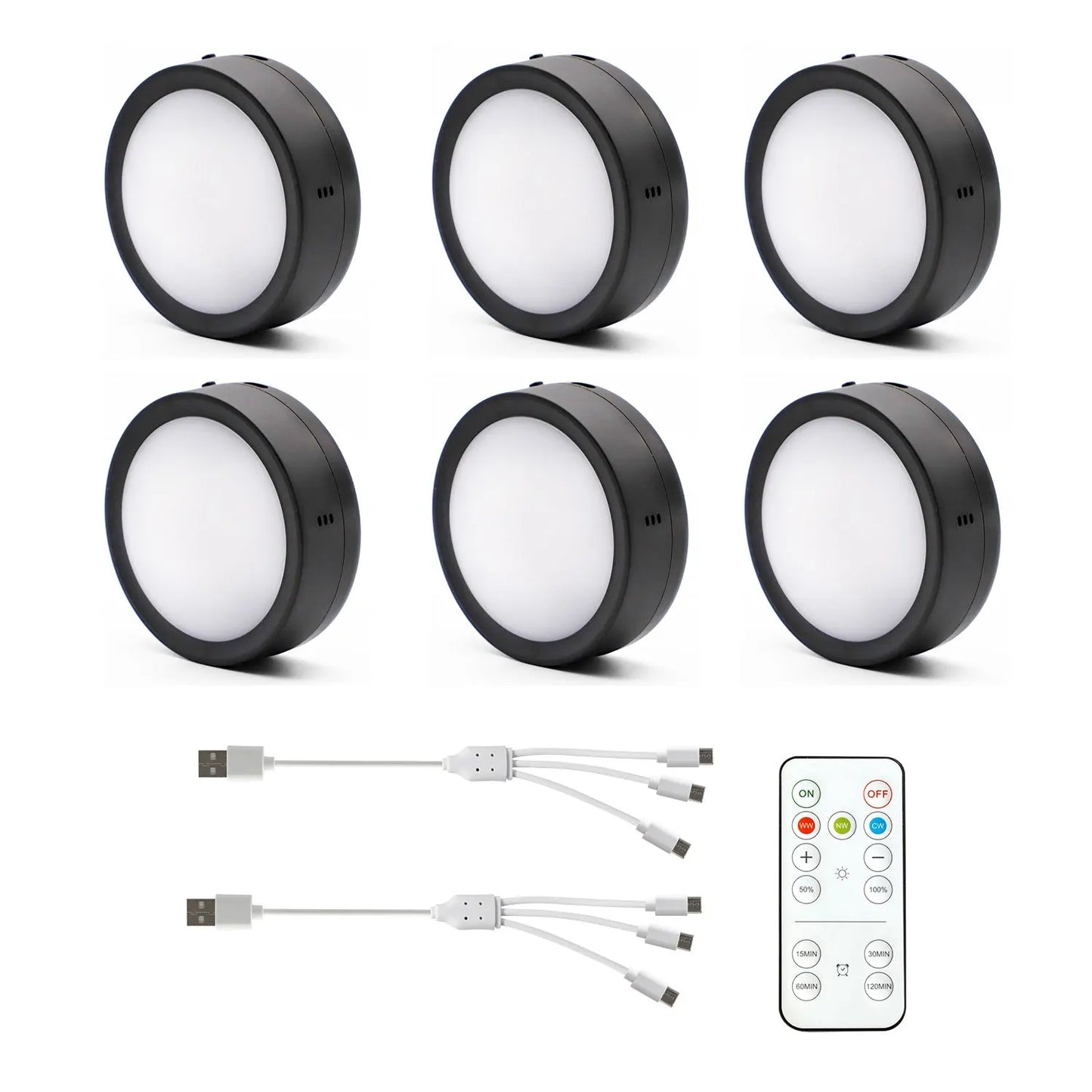 AIBOO Rechargeable Cabinet Lights, 6 Pack Puck Lights, 3 Colour, Remote, Black