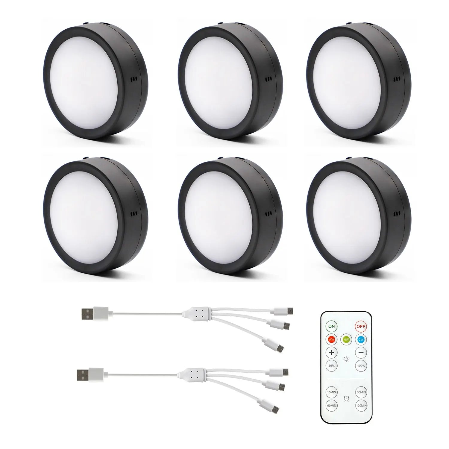 AIBOO Rechargeable Cabinet Lights, 6 Pack Puck Lights, 3 Colour, Remote, Black