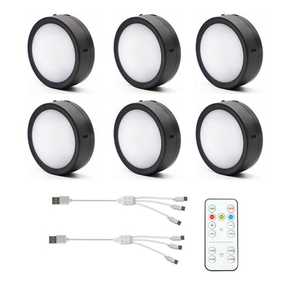 AIBOO Rechargeable Cabinet Lights, 6 Pack Puck Lights, 3 Colour, Remote, Black