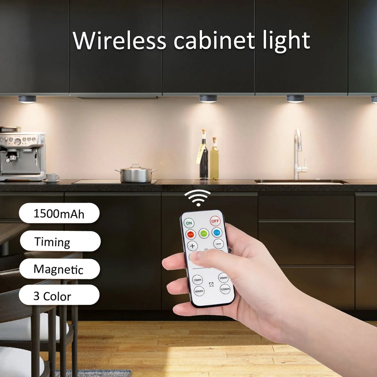 AIBOO Rechargeable Cabinet Lights, 6 Pack Puck Lights, 3 Colour, Remote, Black  - Image 3