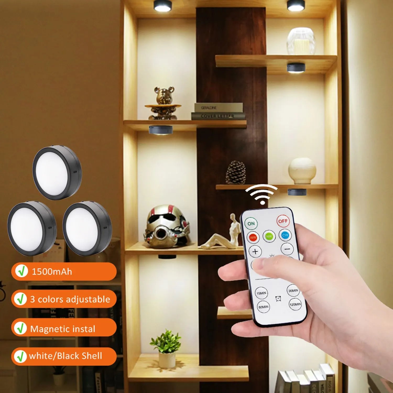 AIBOO Rechargeable Cabinet Lights, 6 Pack Puck Lights, 3 Colour, Remote, Black  - Image 4