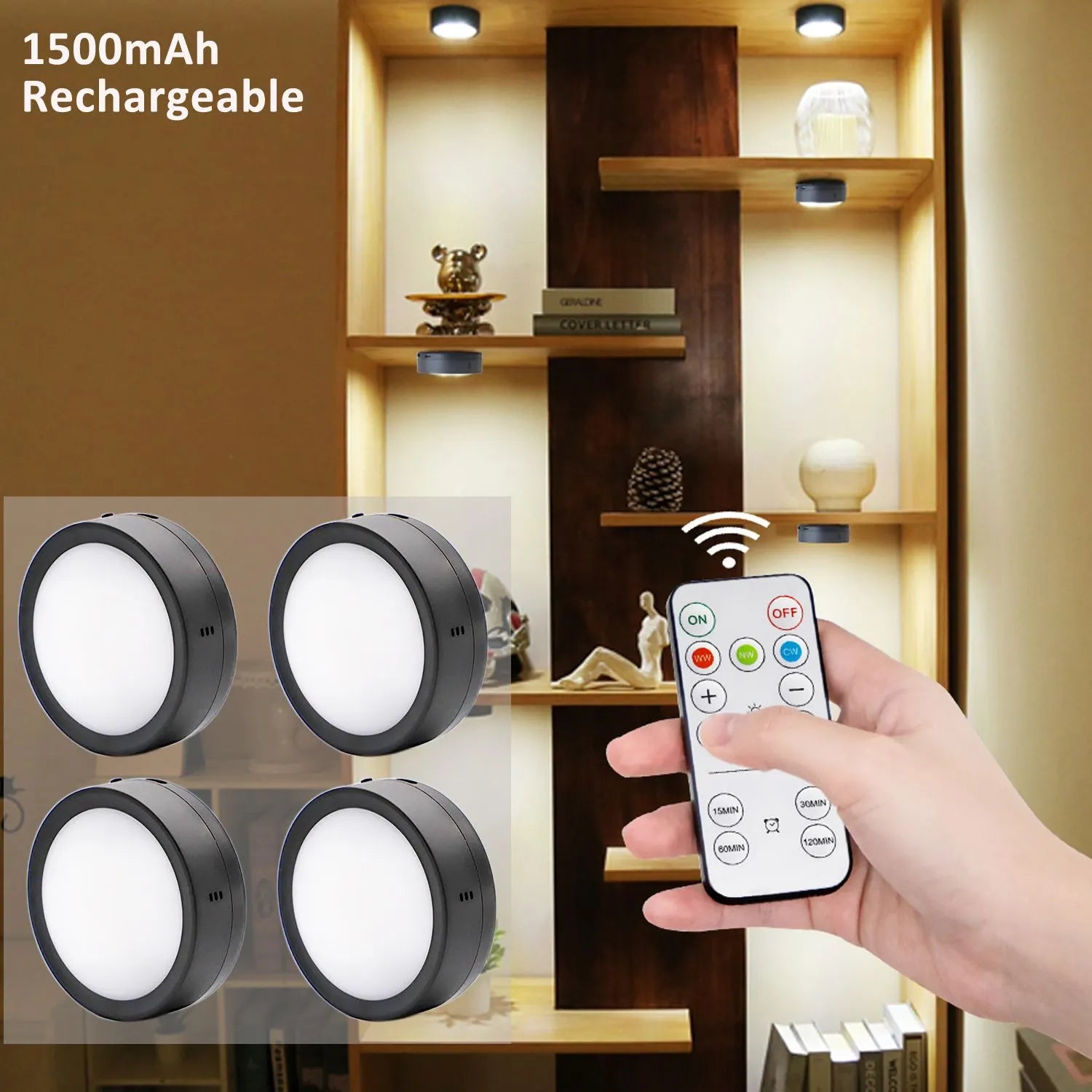 AIBOO Rechargeable Cabinet Lights, 6 Pack Puck Lights, 3 Colour, Remote, Black  - Image 6