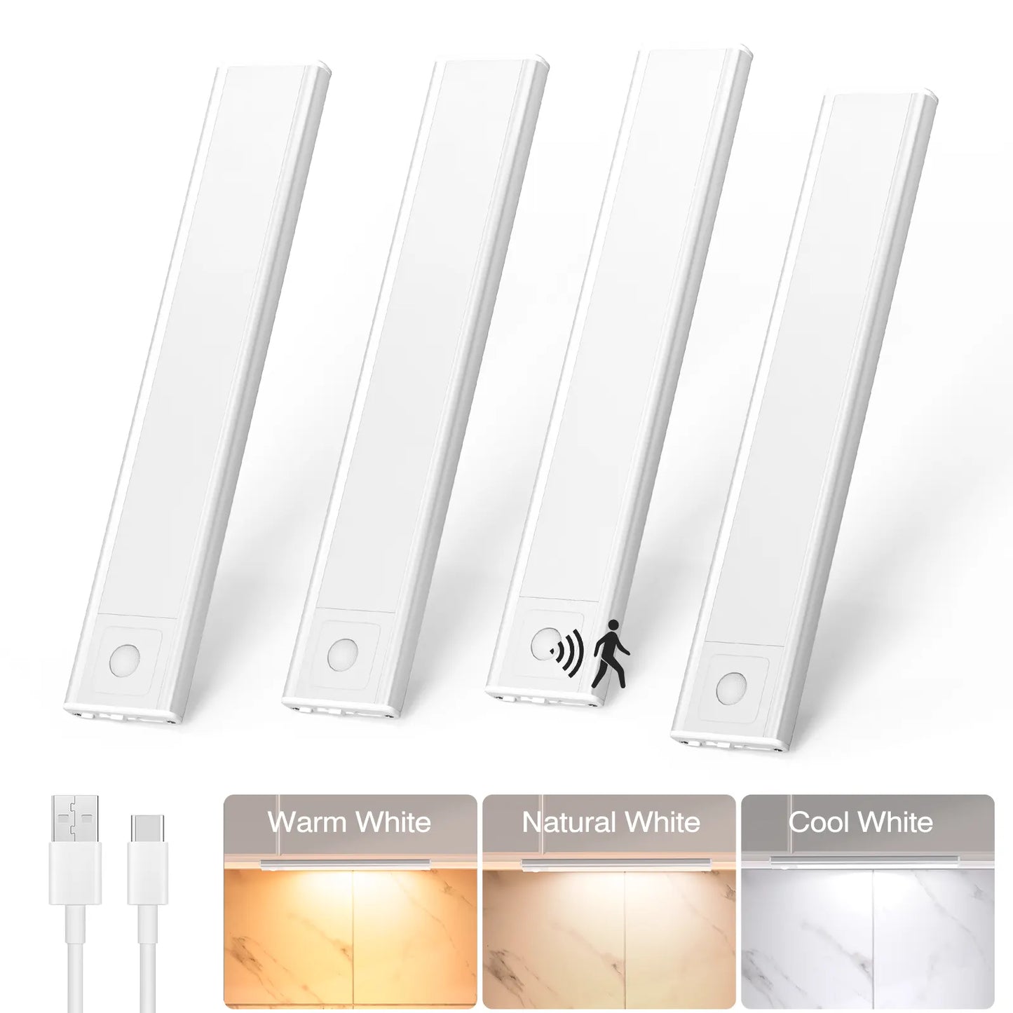 AIBOO Under Cabinet Lights, 4 Pack Rechargeable Motion Sensor Lights, 23.3 cm Magnetic LED Cupboard Lights, 3 Colour Temperatures, Dimmable USB-C Lights for Kitchen Wardrobe Stairs