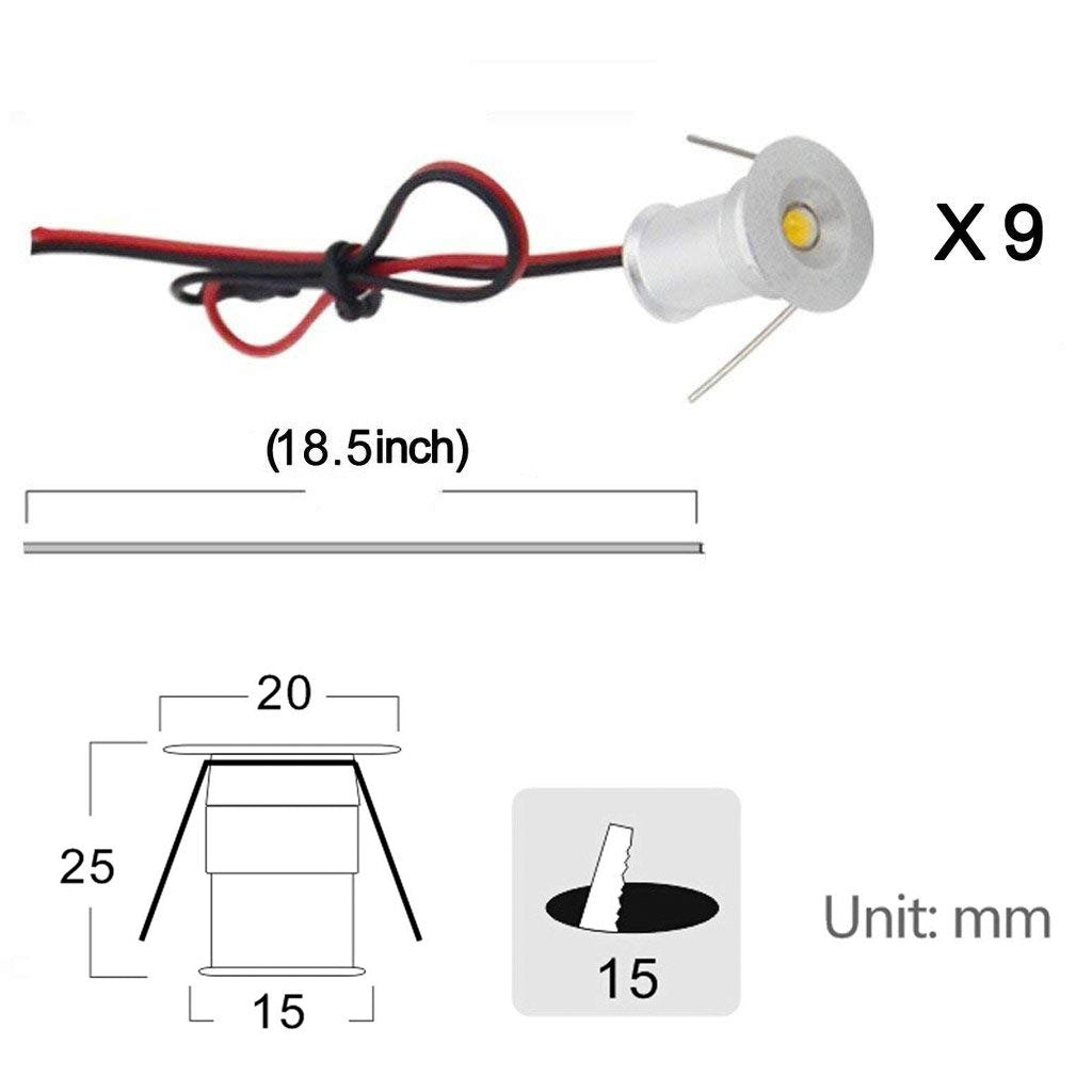 12V Under Cabinet LED Lights 9 Packs of Recessed Mini Downlights with Hardwired Cable and Connectors for Indoor Cupboard Bookshelf Stair Lighting (Cool White) - Image 4