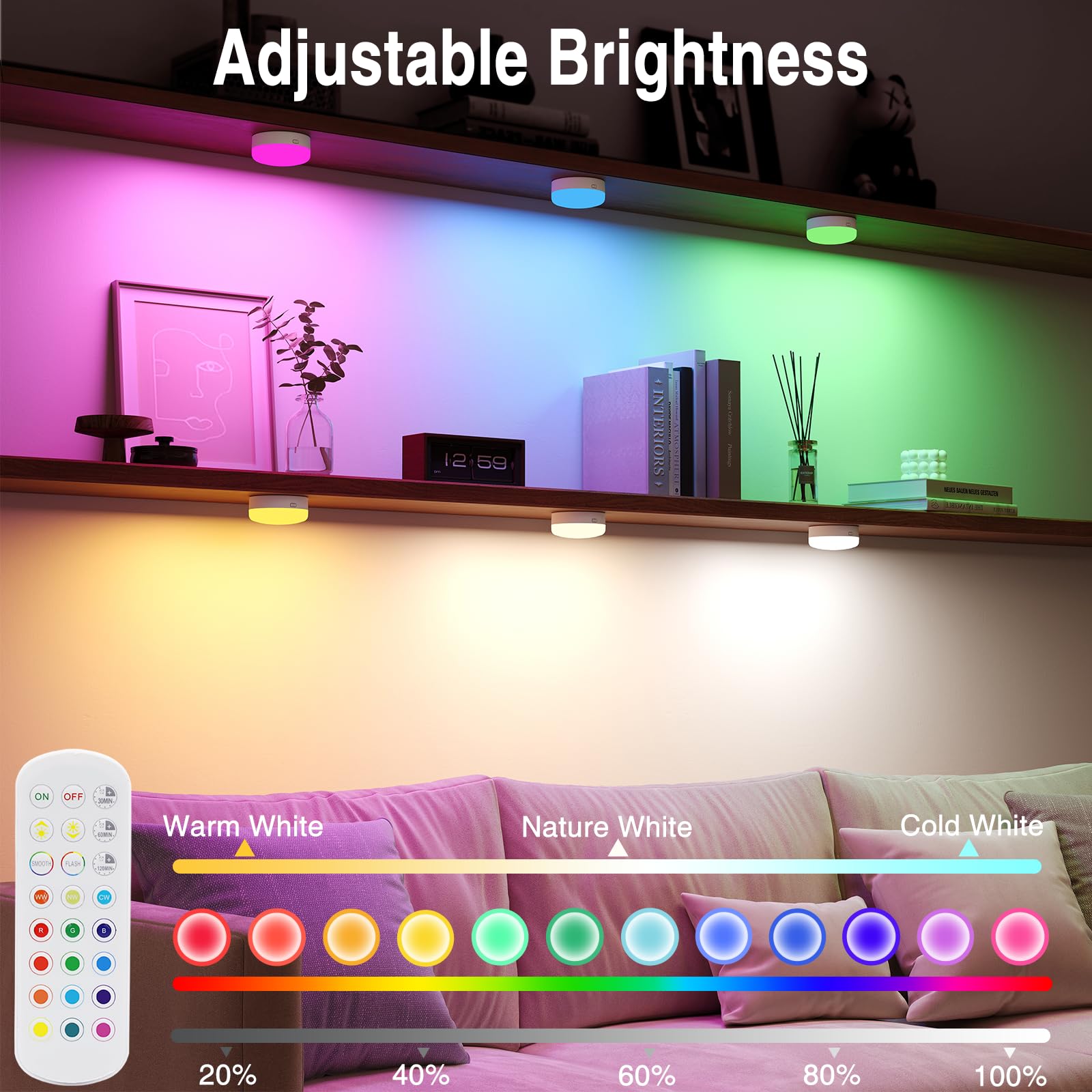 Puck Lights with Remote Control, 4-Pack Wireless Stick On Lights for Under Cabinet, Closet, Bedroom, Staircase & Bookshelf, 3000mAh Battery Operated Color Changing Lighting​​ (RGB&CCT) - Image 6