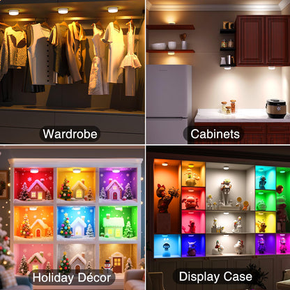 Puck Lights with Remote Control, 4-Pack Wireless Stick On Lights for Under Cabinet, Closet, Bedroom, Staircase & Bookshelf, 3000mAh Battery Operated Color Changing Lighting​​ (RGB&CCT) - Image 7
