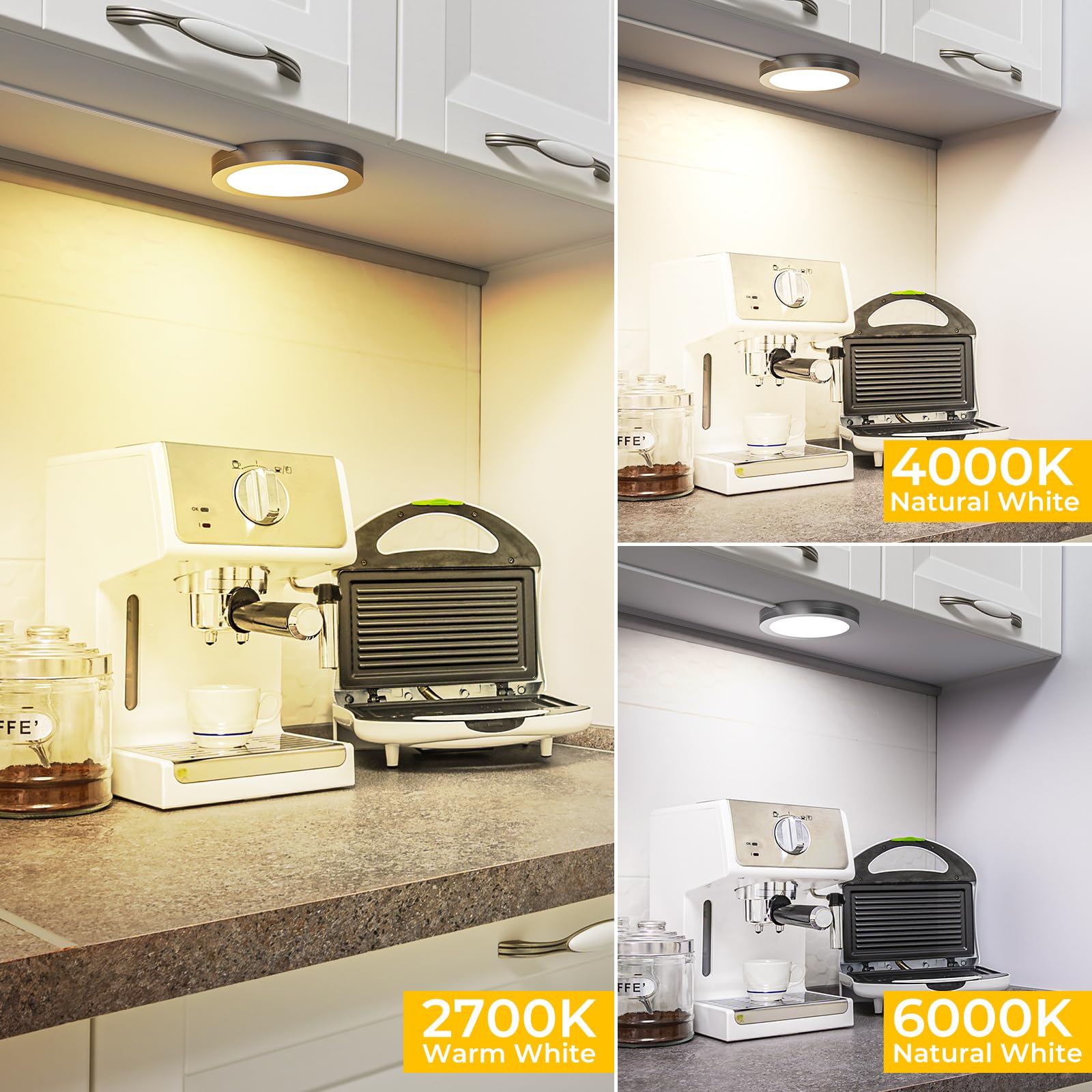 4 Pack Puck Lights 5V Single USB Powered,3 Color Temperature Adjustable & Dimmable Under Cabinet Light,3D Printer LED Lamp Kit for Cabinet,Wardrobe,Showcase - Image 2