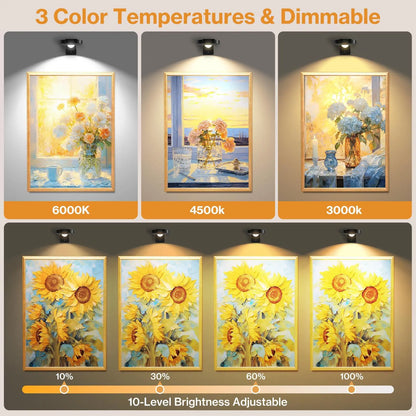 Rechargeable Picture Lights, 6 Pack Black Wireless Art Lights with Remote and Touch Control, 3 Colour Temperatures, Stepless Dimming, Magnetic Wall Lights for Paintings, Photos and Displays - Image 2