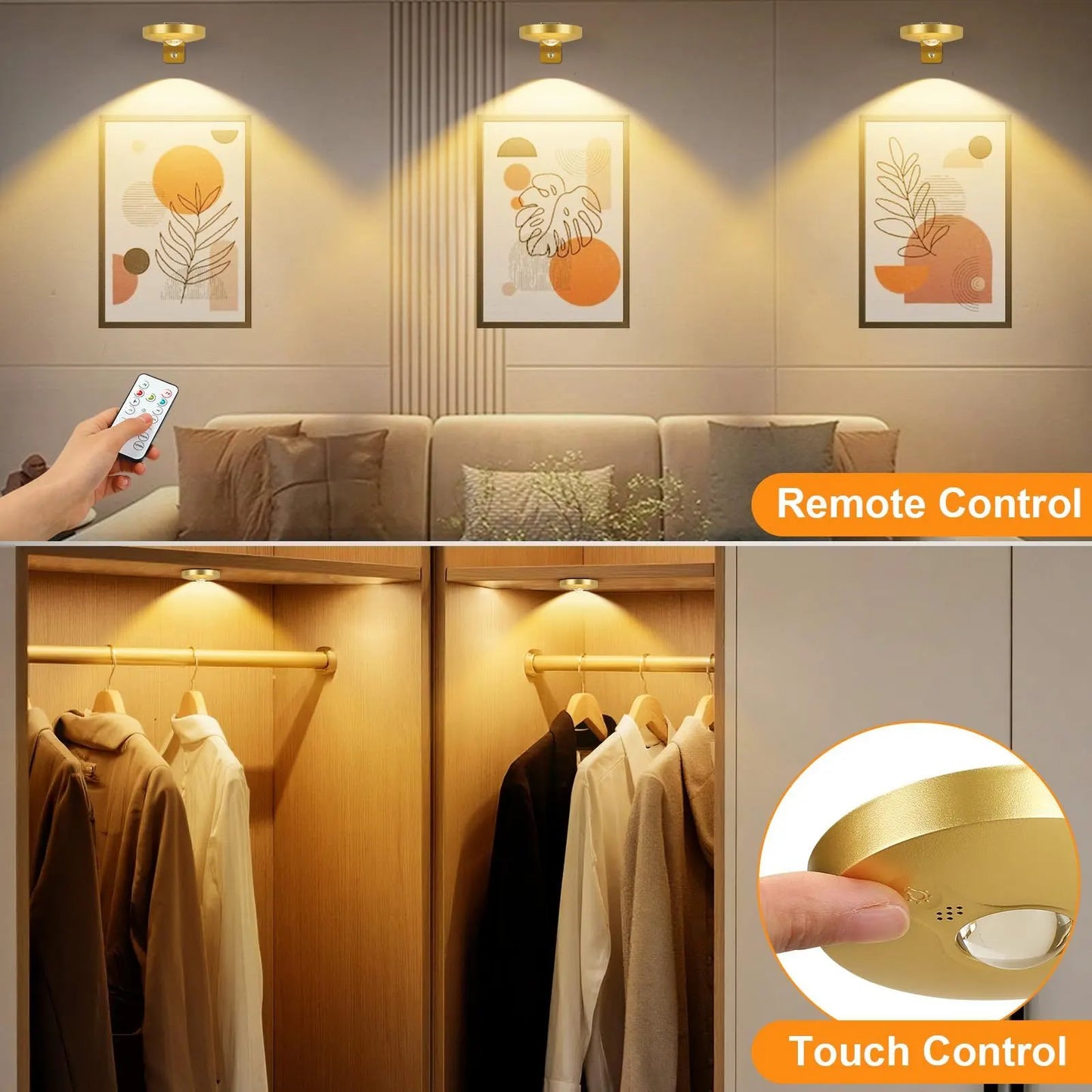 Rechargeable Picture Lights, 6 Pack Gold Wireless Art Lights with Remote and Touch Control, 3 Colour Temperatures, Stepless Dimming, Magnetic Wall Lights for Paintings, Photos and Displays - Image 3