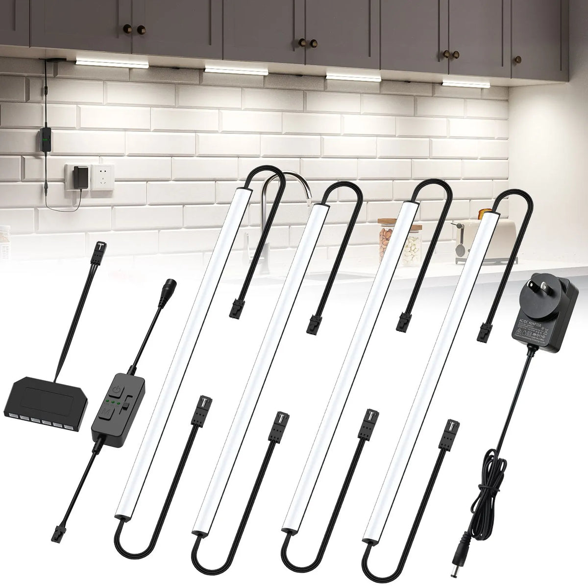 Under Cabinet Lighting, Timer & CCT 2700-6000K with Slider Dimmer, Plug-in 12Inch 12W Lights for Curio Cabinet, Kitchen, Bookshelf (4 Bars Kit)
