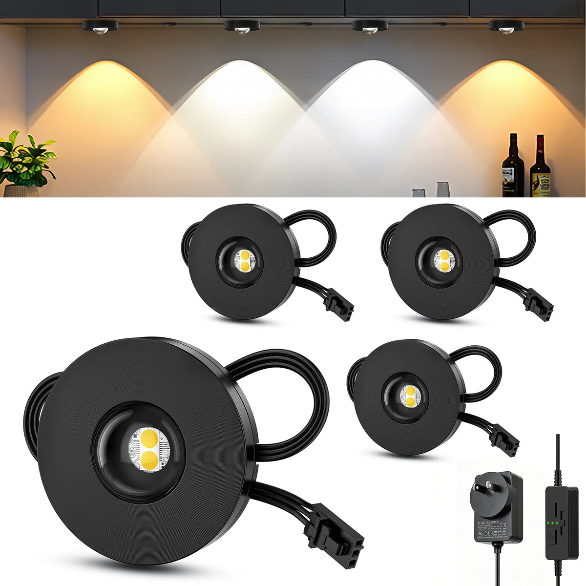 Under Cabinet Lighting, Timer & CCT 3000-6000K Puck Lights, Dimmable with Slider Controller, Plug-in Counter Lights for Kitchen Cabinet, Display Case, Bookshelf, Closet, Curio Cabinet (4Pack)