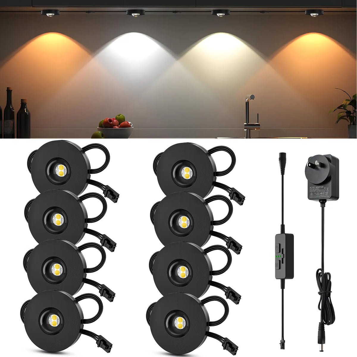 Under Cabinet Lighting, Timer & CCT 3000-6000K Puck Lights, Dimmable with Slider Controller, Plug-in Counter Lights for Kitchen Cabinet, Display Case, Bookshelf, Closet, Curio Cabinet (8Pack)