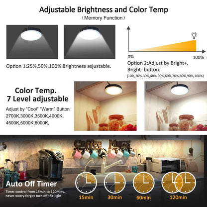LED Under Cabinet Puck Lights CCT Light Color Temperature Adjustable Warm+White Double Color with Dimmable RF Remote Controller for Kitchen Shelf Ambiance Display Lighting (8 Lights, 24W) - Image 6