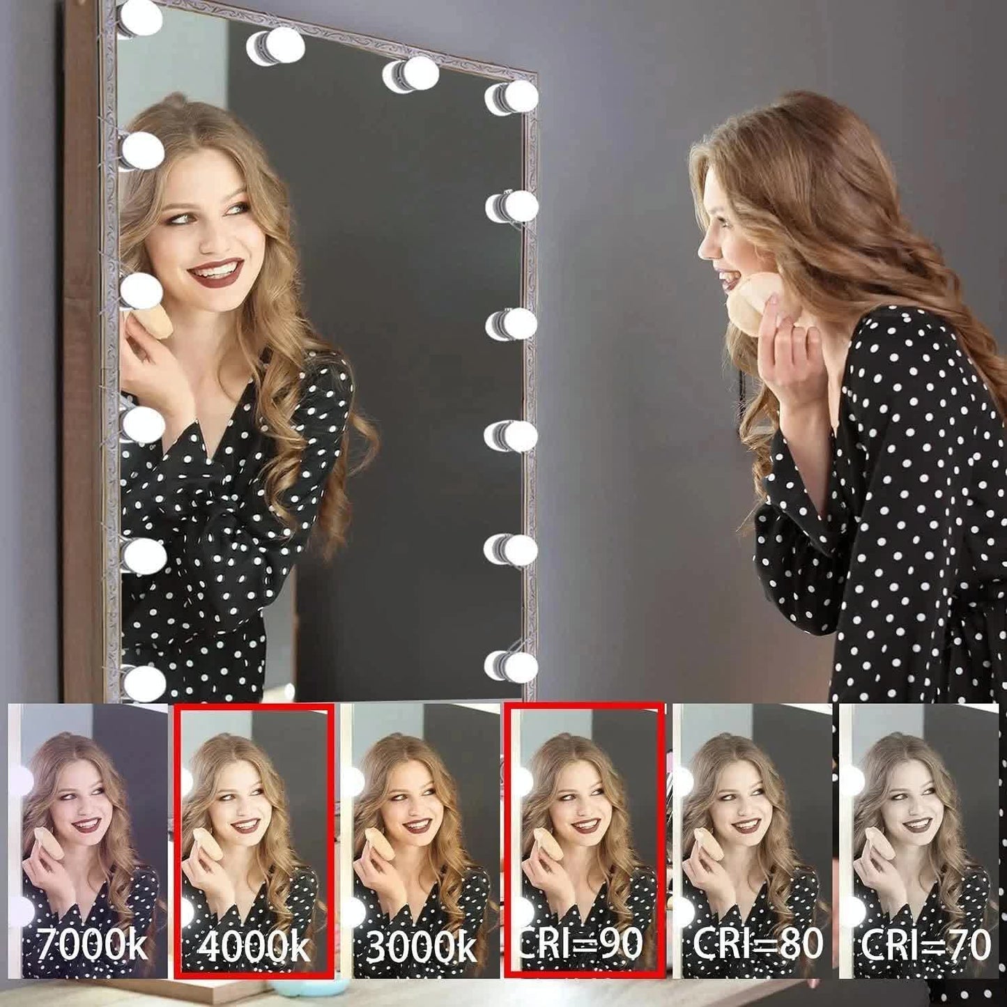 Hollywood LED Vanity Mirror Lights Kit,Stick on Dimmable Makeup Lights, 12V Mirror Lighting Strip Fixture for Vanity Dressing Table Set, Bedroom Wall Lights,CRI>90 (4000K Natural White,10 Bulbs) - Image 5