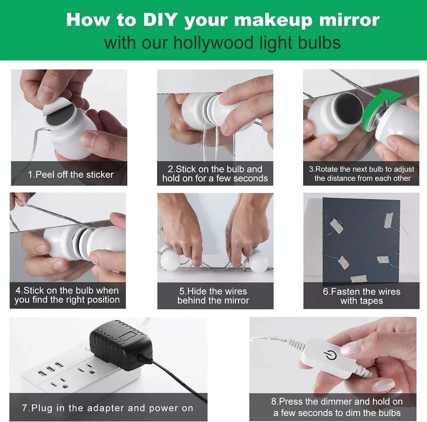 Hollywood LED Vanity Mirror Lights Kit,Stick on Dimmable Makeup Lights, 12V Mirror Lighting Strip Fixture for Vanity Dressing Table Set, Bedroom Wall Lights,CRI>90 (4000K Natural White,10 Bulbs) - Image 7