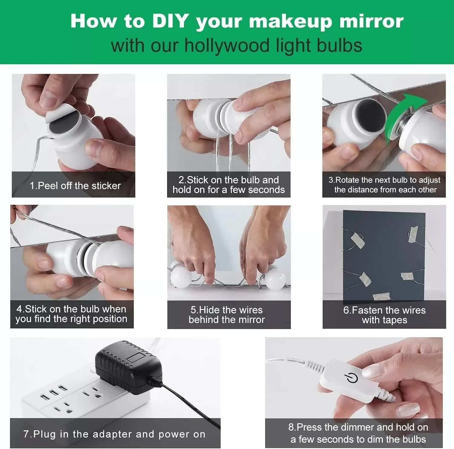 Hollywood LED Vanity Mirror Lights Kit,Stick on Dimmable Makeup Lights, 12V Mirror Lighting Strip Fixture for Vanity Dressing Table Set, Bedroom Wall Lights,CRI>90 (4000K Natural White,10 Bulbs) - Image 7