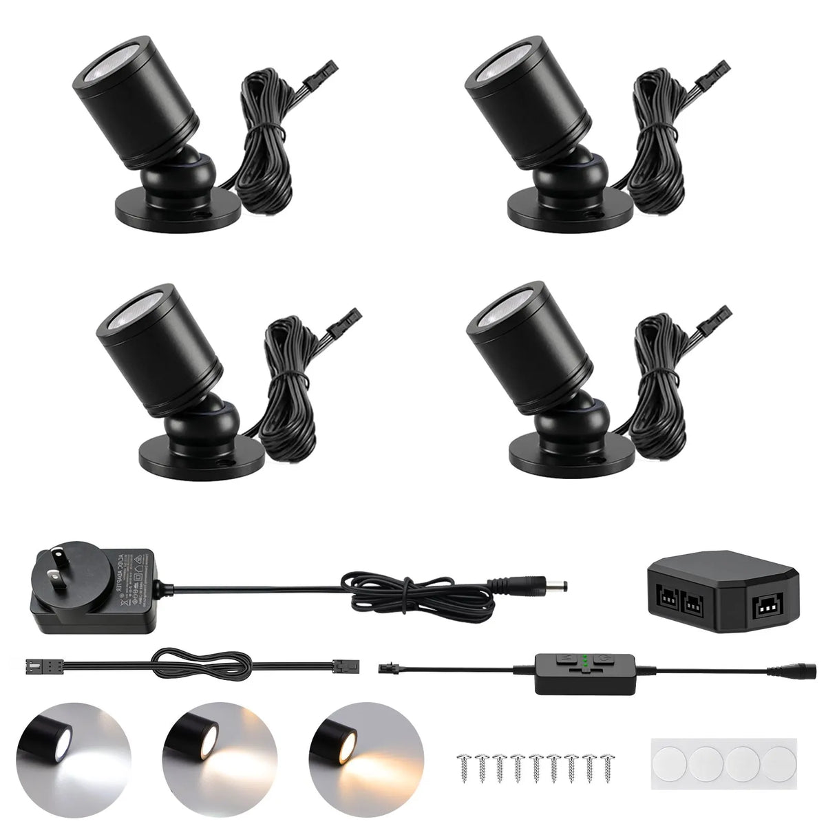 Dimmable LED Mini Spotlight, 12V CCT 2700K-6000K, Adjustable for Display, Cabinet, Showcase, Artwork, 360° Rotatable Accent Lighting, Surface Mount with Slider Dimmer & Adapter (CCT, 4Pack)