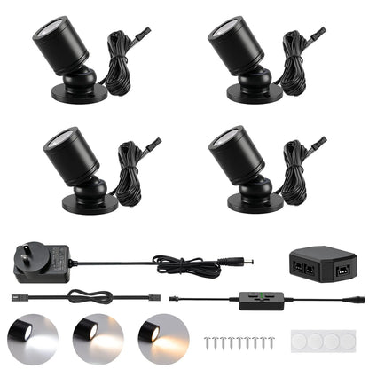 Dimmable LED Mini Spotlight, 12V CCT 2700K-6000K, Adjustable for Display, Cabinet, Showcase, Artwork, 360° Rotatable Accent Lighting, Surface Mount with Slider Dimmer & Adapter (CCT, 4Pack)