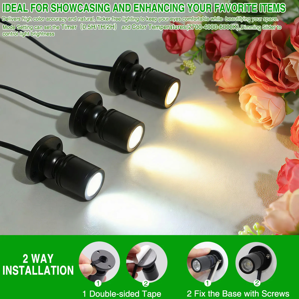 Dimmable LED Mini Spotlight, 12V CCT 2700K-6000K, Adjustable for Display, Cabinet, Showcase, Artwork, 360° Rotatable Accent Lighting, Surface Mount with Slider Dimmer & Adapter (CCT, 4Pack) - Image 5