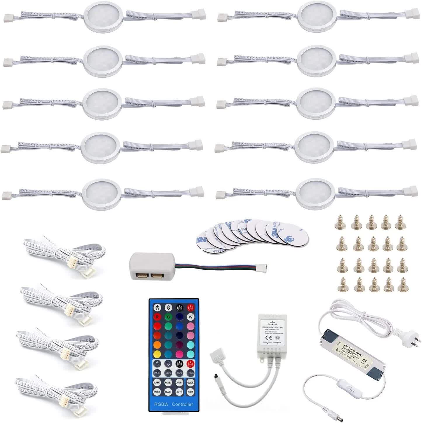 Under Counter LED Light Kit, RGBWW Under Cabinet Lighting, 10 Packs Colored Cabinet Lights with Wireless 40-Key IR Dimmable Remote Control (10 Lights) - Image 2