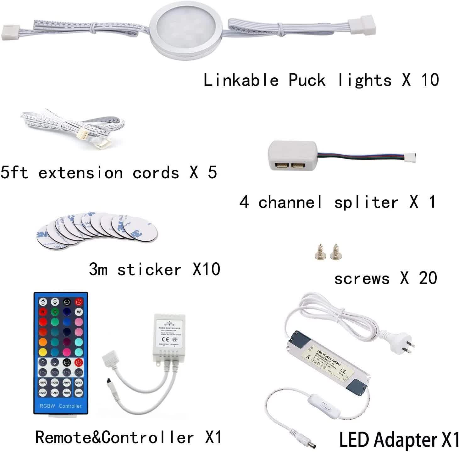 Under Counter LED Light Kit, RGBWW Under Cabinet Lighting, 10 Packs Colored Cabinet Lights with Wireless 40-Key IR Dimmable Remote Control (10 Lights) - Image 4