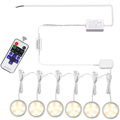 Linkable Under Cabinet LED Lighting 12V Dimmable Puck Lights Hardwired with Wireless RF Remote Control for Kitchen Mood Lighting(6 Lights, Warm White)