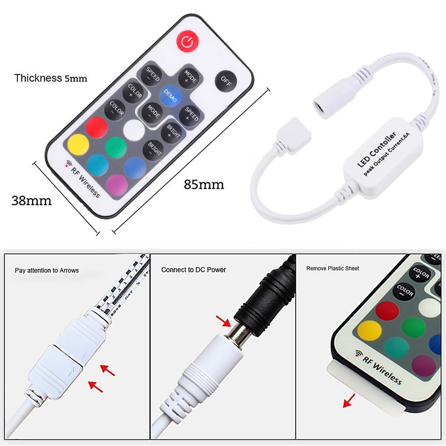 Mini Remote Controller for RGB Color LED Strip Lights, RF Dimmer for 12V DC LED Ribbon, LED Neon Sign, Wireless Remote Control for Dimmable 3528 5050 Under Cabinet Puck Lights(RGB) - Image 3