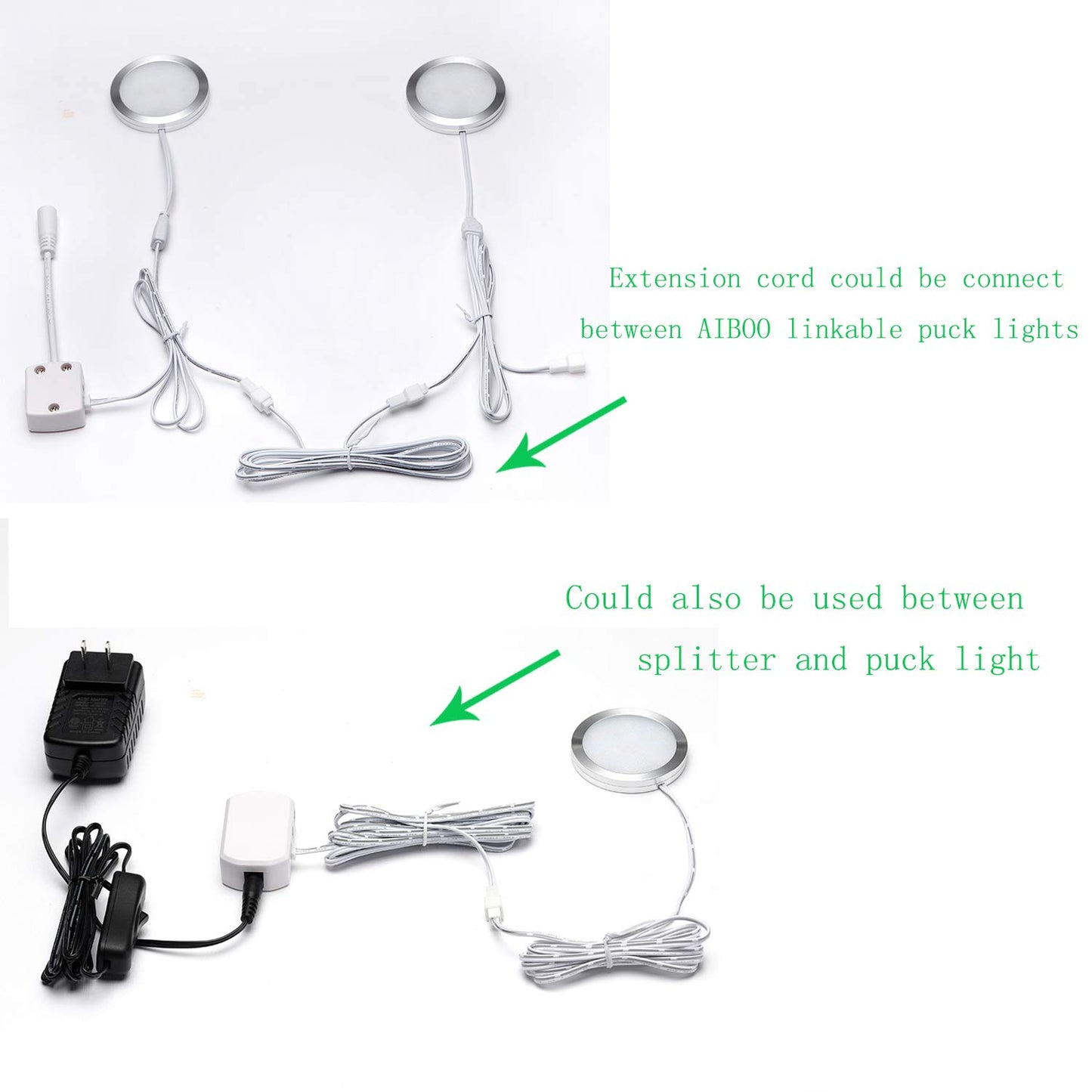 Extension Cables 9.84FT LED Under Cabinet Puck Lighting, 2-Pin Male and Female Cable Connector Extension Cords for Led Puck Lights with White Cords (6 Pack) 2-PIN ONLY - Image 2