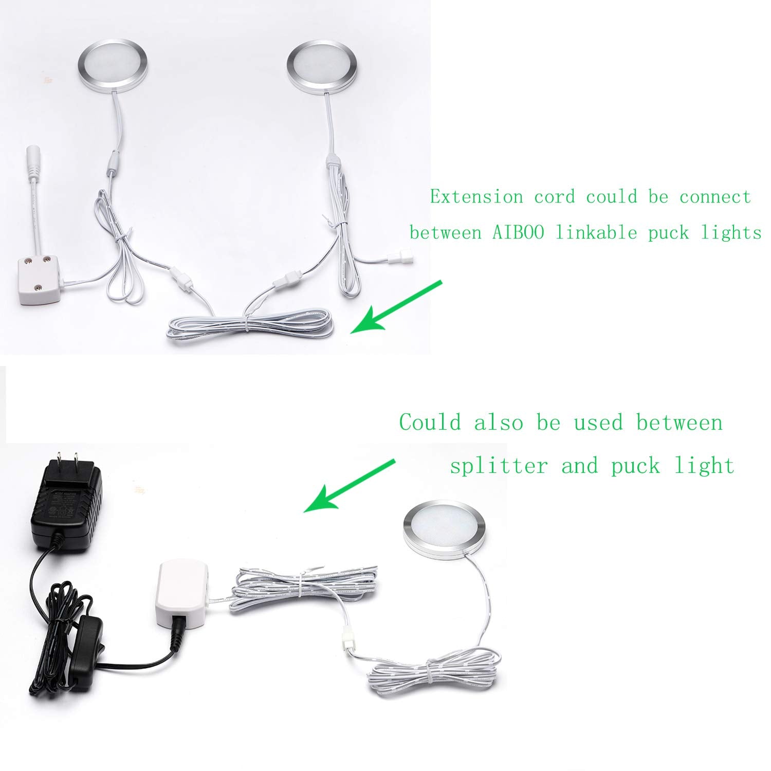 Extension Cables 9.84FT LED Under Cabinet Puck Lighting, 2-Pin Male and Female Cable Connector Extension Cords for Led Puck Lights with White Cords (6 Pack) 2-PIN ONLY - Image 2