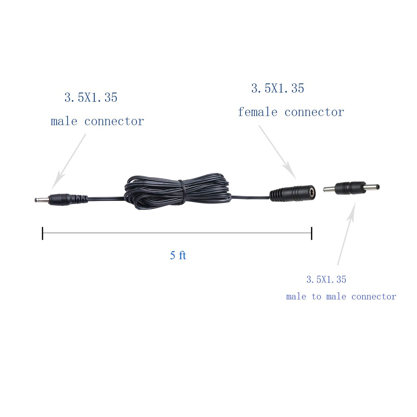 3.5X1.35 DC Connector for AIBOO Single White Kitchen Light Bar, 22AWG,Black Extension Cords,5ft.(3.5 X 1.35 mm Black Cords,4 Packs) - Image 2